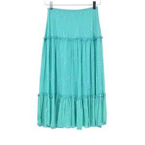 Vintage WHIZ Teal Paisley Skirt Y2K Tiered Ruffle Embroidered Sequin Womens Sz S